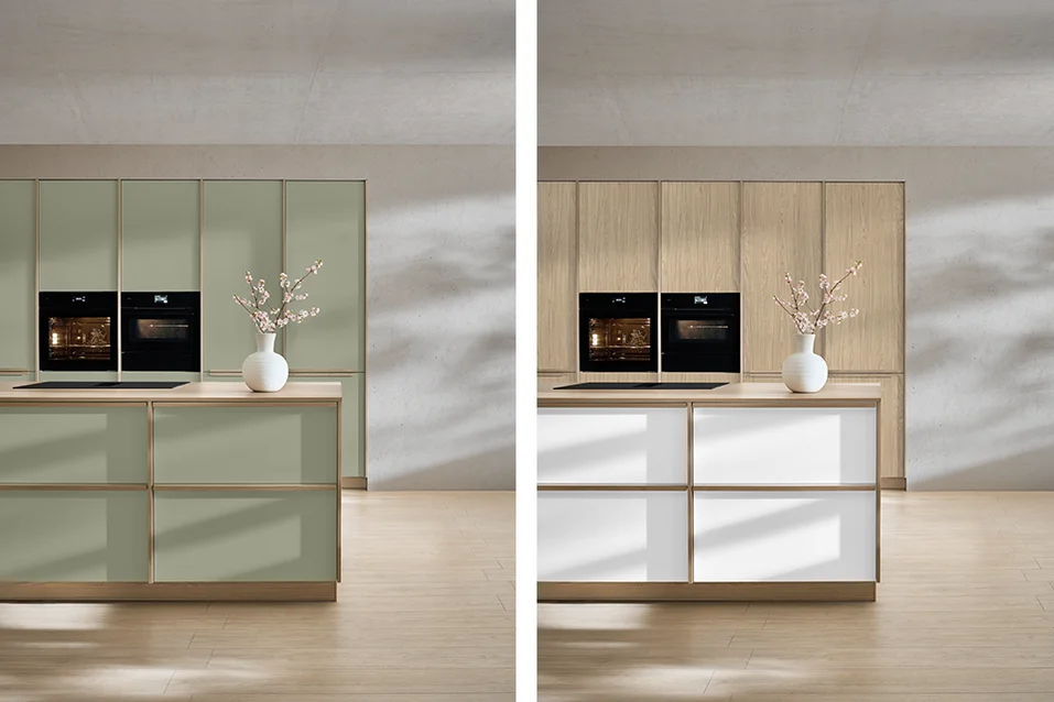Sakura kitchen with green fronts and with white fronts and wooden tall units.