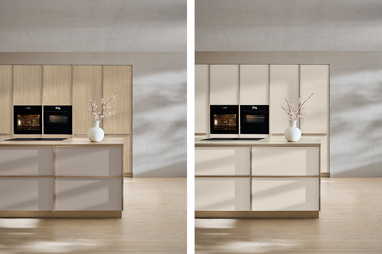 Sakura kitchen with green fronts and with white fronts and wooden tall units.